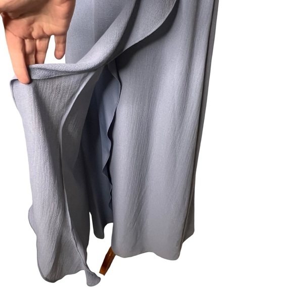 Halston Dusty Blue V Neck Ruffle Split Maxi Wrap Dress Gown Size L Short Sleeve - Picture 6 of 13